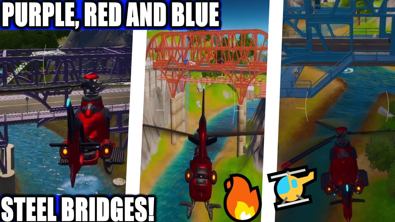 Муха чоппа под пурпурными, красными и синими стальными мостами Места 🔥🚁 Fortnite