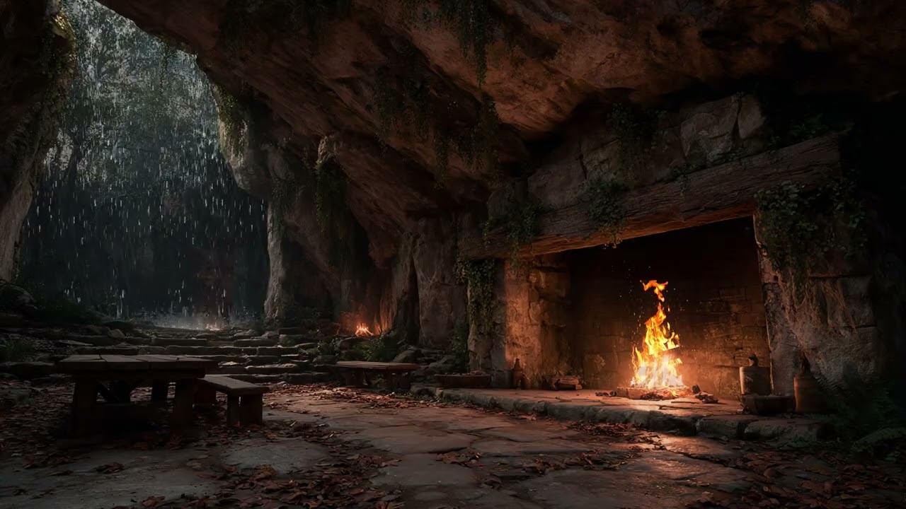 Echoing Night Rain in a Deep Forest Cave | Heavy Rainfall, Distant Thunder & Firelight Ambience