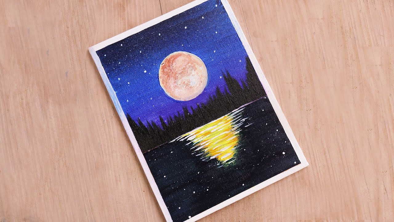 Night Sky Painting Tutorial Acrylic For Beginners | Moonlit Landscape Painting