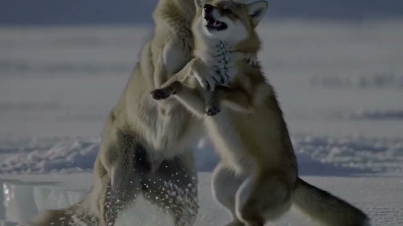 Wolf save baby Red fox stuck in freeze Water lake 