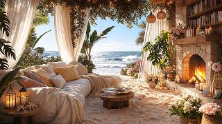 Peaceful Morning at a Cozy Beach Cottage Ocean Waves Crackling Fire for Deep Sleep