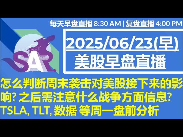 美股直播06/23[早盘] 怎么判断周末袭击对美股接下来的影响? 之后需注意什么战争方面信息? TSLA, TLT, 数据 等周一盘前分析