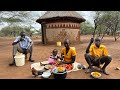 African village lifecooking village food green bananas with curry butter beans