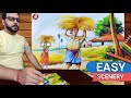 How to draw easy village scenery with human figure full tutorial  learn scenery with pastel colour