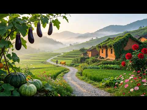 Morning Rural Walk In Chinese Countryside, Misty Massive Rice Fields & Fully Ripe Vegetables