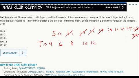 Statistics 4- List S consists of 10 consecutive odd integers, and list T consists of 5 consecutive..