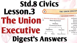 Std.8 Civics Lesson 3 The Union Executive Digests Answers Maharashtra Board