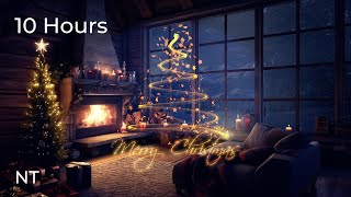 Merry Christmas Cozy Snowy Cabin Strong Wind & Fireplace Sounds (White Noise)  Relax & Sleep Well