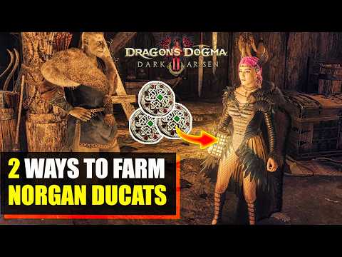 A stack of silver Norgan Ducat coins between a fur-clad man and a pink-haired character, with the text 2 Ways to Farm Norgan Ducats