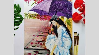 Easy Rainy season scenary painting/Lady with umbrella rainy day scenary/Bougainville flower painting