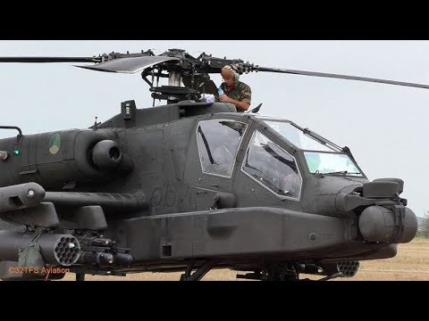 Netherlands AF AH-64D Apache Helicopter engine startup and takeoff ...