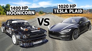 Tesla Model S Plaid vs Lia Block's 1400hp AWD Mustang \/\/ Hoonicorn vs The World 2