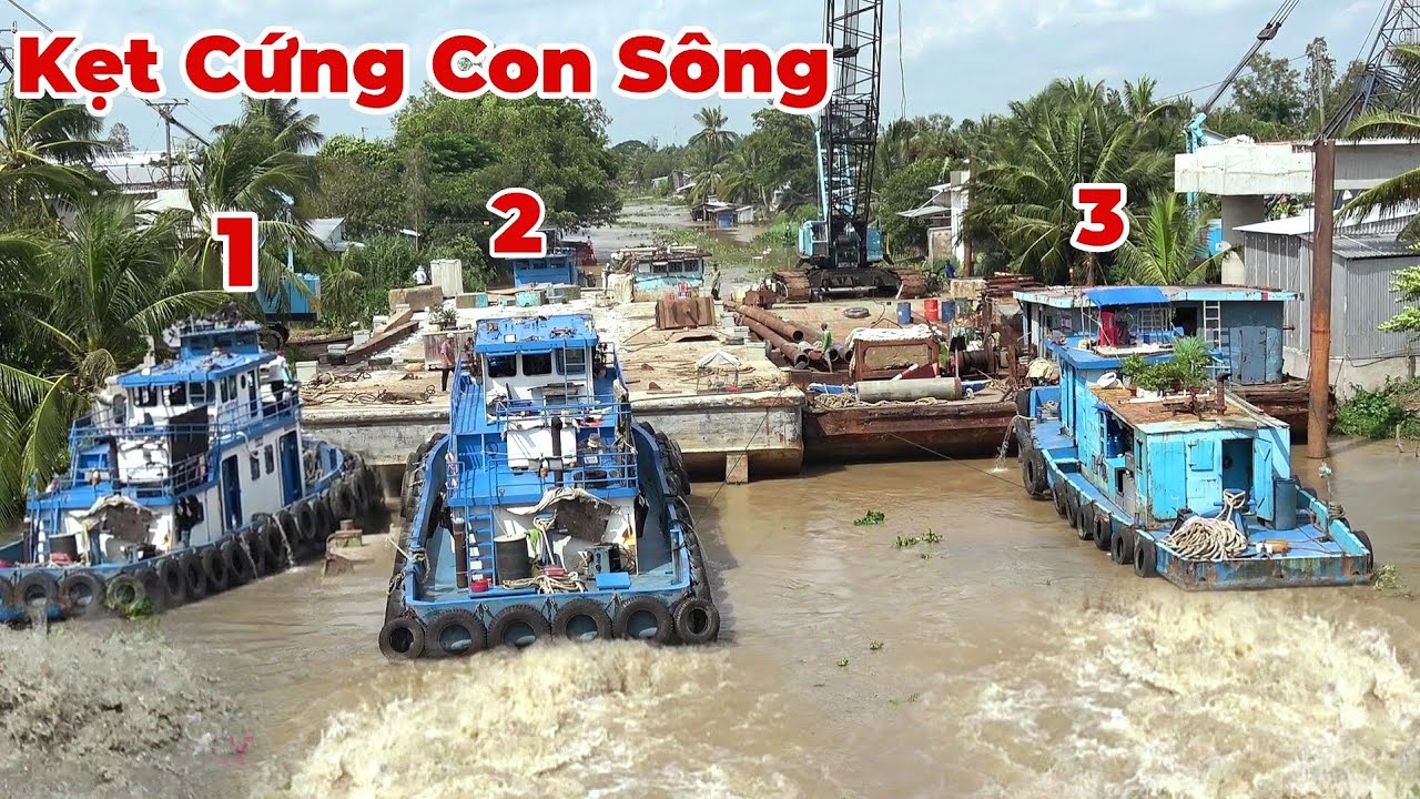 3 Chiếc Tàu Kéo Chạy Hết Công Suất Máy Mới Đẩy Nổi Sà Lan Boong Kẹt Cứng Giữa Sông Ra Được.