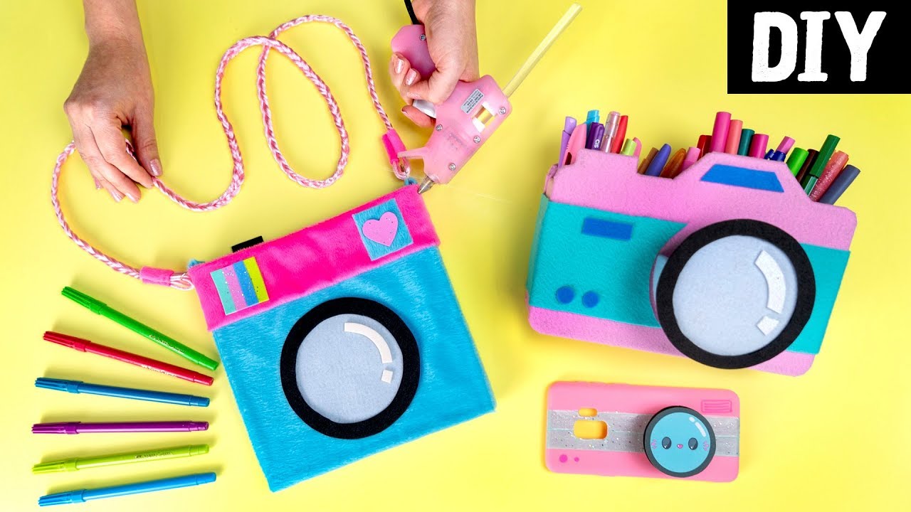 DIYS SUPER CRIATIVOS 📷 de Câmera Fotográfica 💙 Bolsa, Porta Lápis e Capinha de Celular