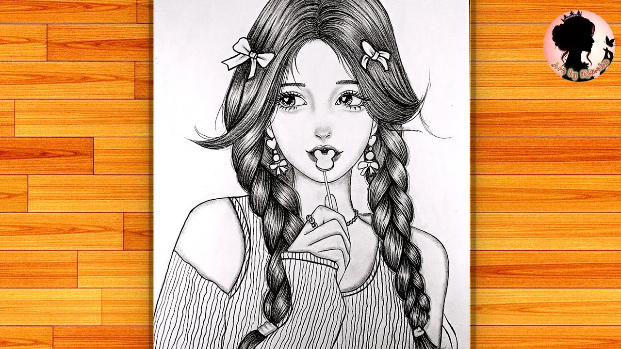 Как нарисовать девушку с леденцом ||Реалистичный набросок милой девушки/Рисунок карандашом легко ...