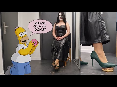 Crushing Juicy Donuts With My Green High Heels Wearing Leather Dress! ❤️️❤️️❤️️