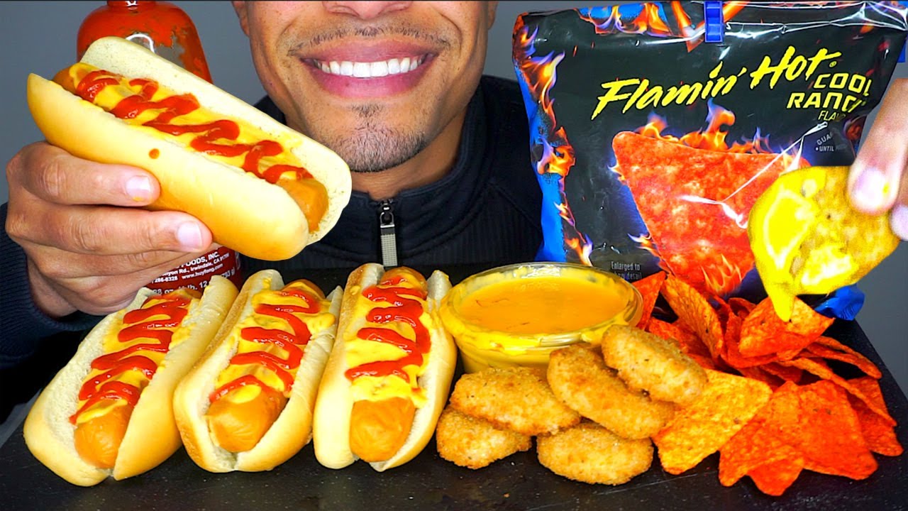 ASMR CHEESY HOT DOGS FLAMINHOTDORITOS CHICKENNUGGETS CHEESE SAUCE MUKBANG BIGBITES JERRY