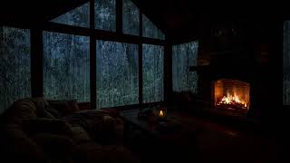 A peaceful cabin in the heart of heavy rain, where warm firelight makes studying feel effortless