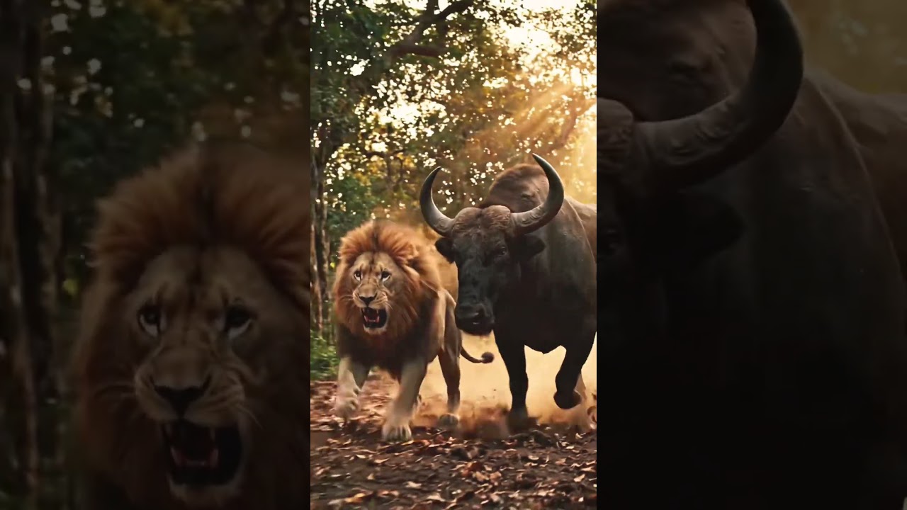 Lion vs Indian Gaur | Survival in wildlife | Wildlife #trending #wildlife #wildlifeshorts