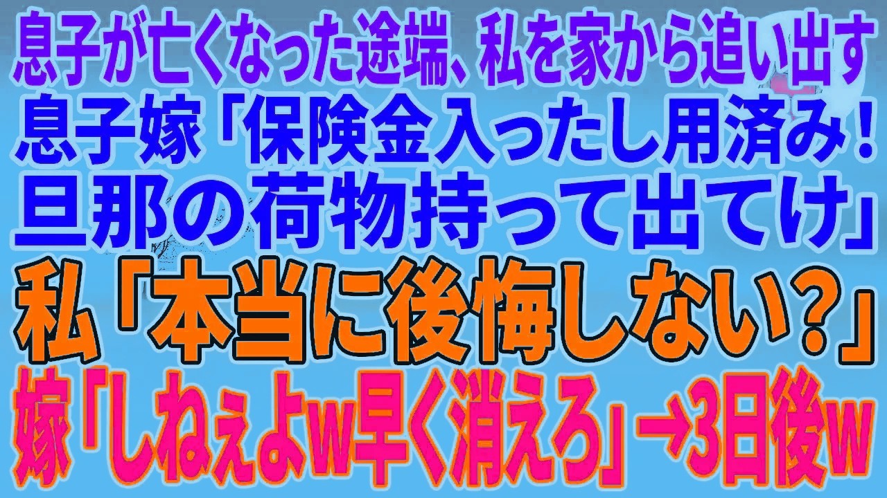 【スカッとする話】息子が亡くなった途端、私を家から追い出す息子嫁「保険金入ったし用済み！旦那の荷物持って出てけ」私「本当に後悔しない？」嫁「しねぇよw早く消えろ」→3日後w【朗読】【スカッと】
