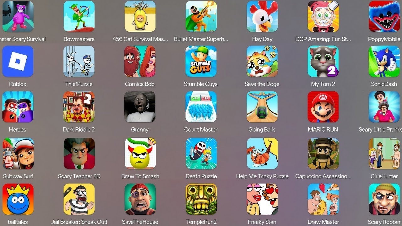 Roblox, Ragdoll break, Sprunki, Freaky Stan, Help me, Save House, Find the thief, Death Puzzle,