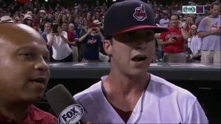 Cleveland Indians' Tyler Naquin tries to catch his breath after hitting inside-the-park home run