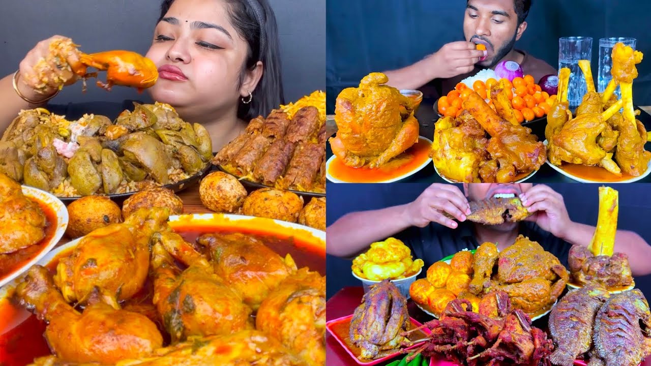 Whole Chicken Curry,Fish Curry Egg, Mutton Curry Kabab Biryani Rice Salad Mukbang