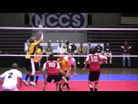 This is the championship match of the 2009 NCCS Club Volleyball tournament between Wisconsin Oshkosh and Fresno State.