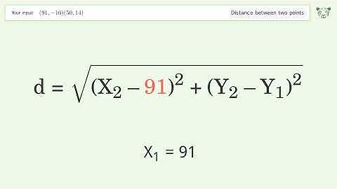 Find the distance between two points p1 (91,-16) and p2 (50,14): Step-by-Step Video Solution
