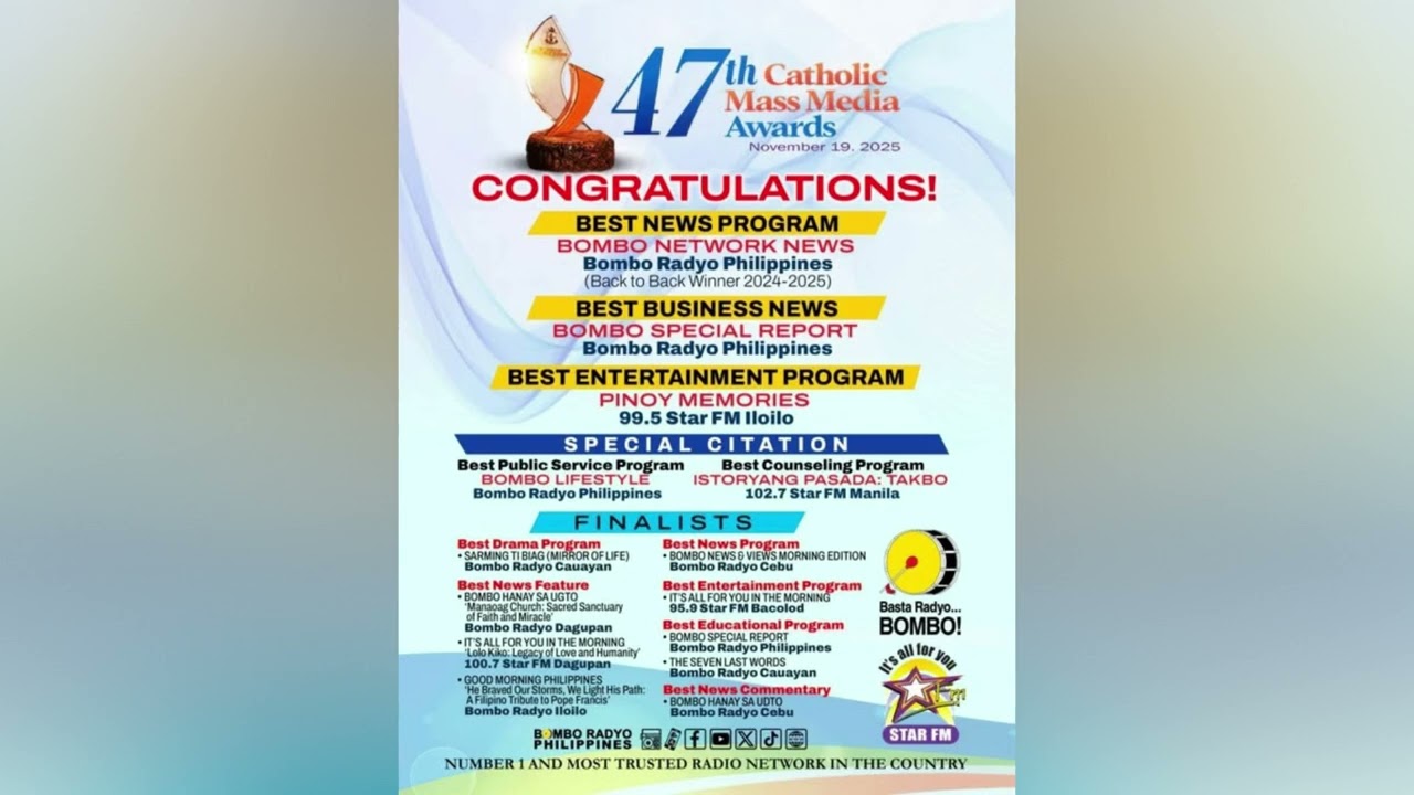 Поздравляем Bombo Radyo Philippines с победой на 47-й церемонии вручения премии Catholic Mass Med...