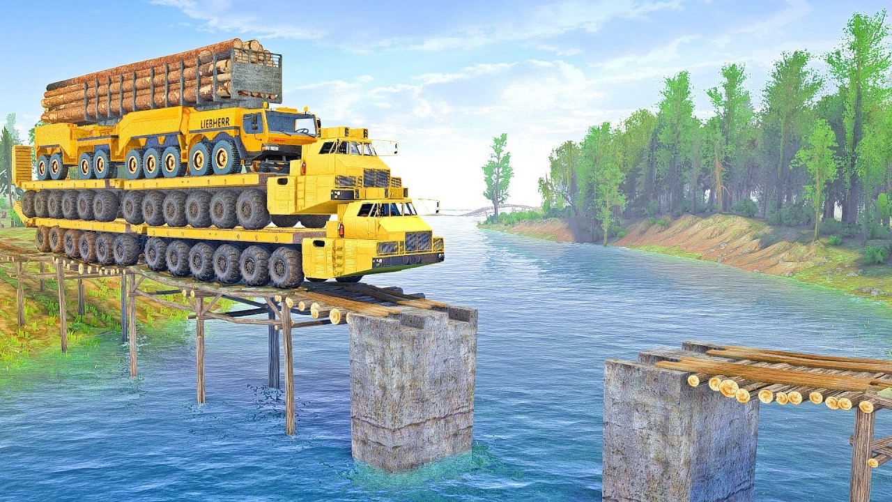 Timber Truck Takes INSANE Crossing on COLLAPSED Bridge in Spintires Mudrunner 2018