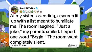 At my sister’s wedding, a screen lit up with a list meant to humiliate me. The room laughed...