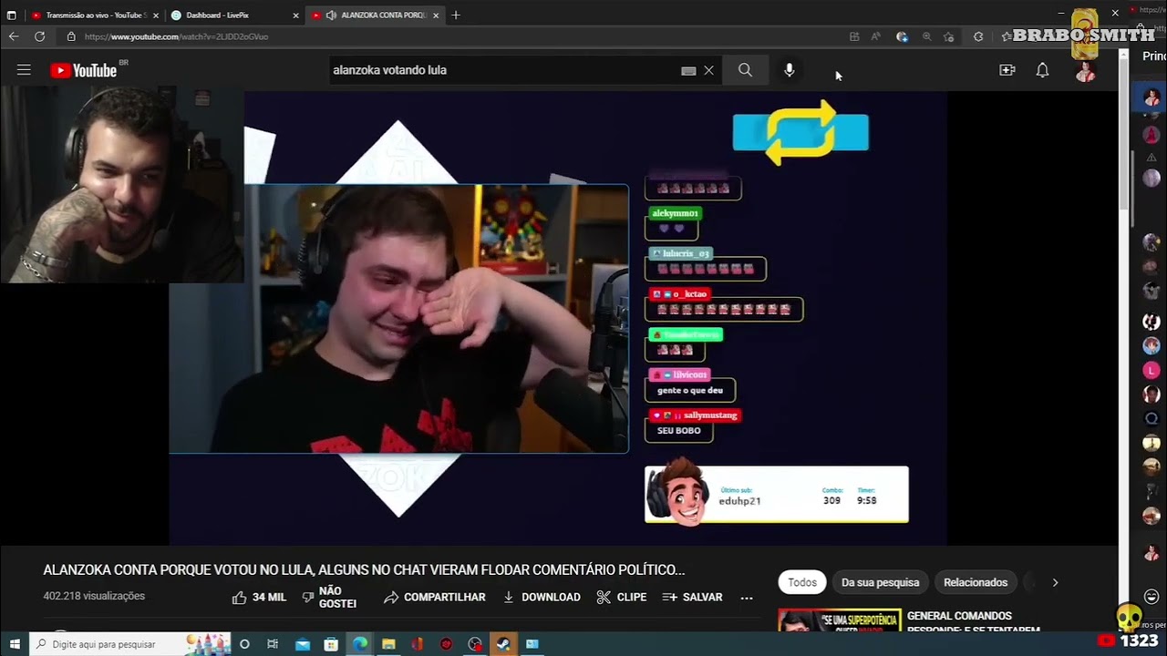 RENAN REAGINDO AO ALANZOKA CHORANDO FALANDO QUE VAI VOTAR NO LULA