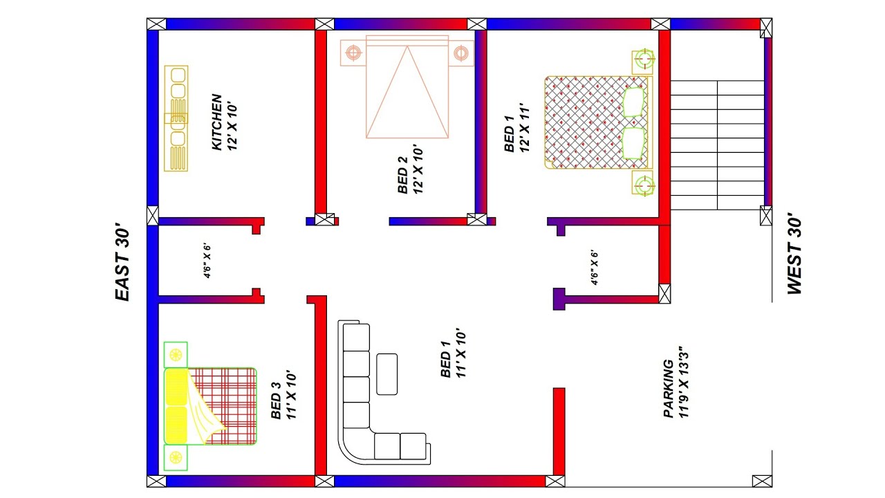 30 X 40 West Face 3 Bedroom House Plan With Centre Line According To Vastu Youtube