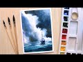 Watercolor painting of dramatic rainy cloud landscape step by step
