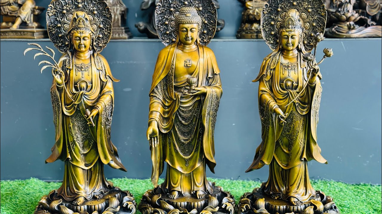 Bộ Tượng Đồng Tây Phương Tam Thánh Phật Đẹp Trang Nghiêm | Tượng Quan Âm Đồng Xưa