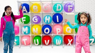 emma and jannie pretend play with alphabet balloons challenge abc learn english alphabet