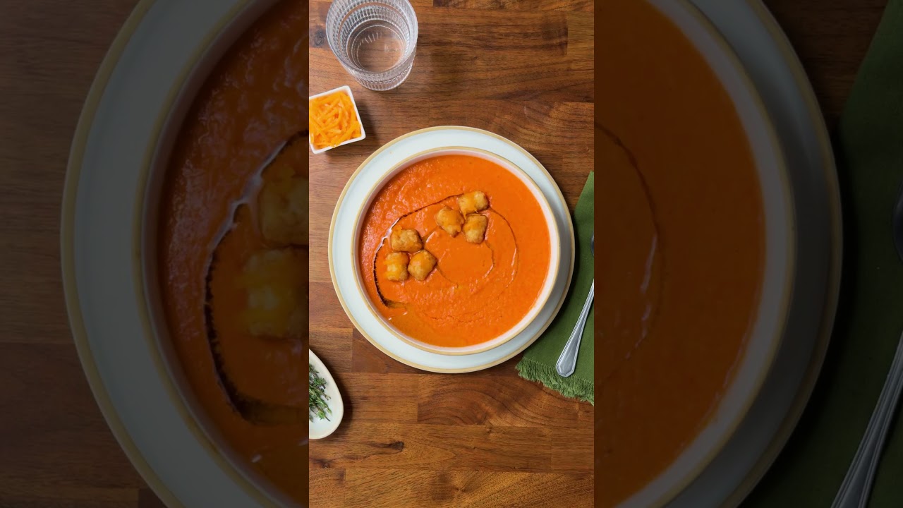 Tomato Soup and Cheesy Potato Tot Croutons 