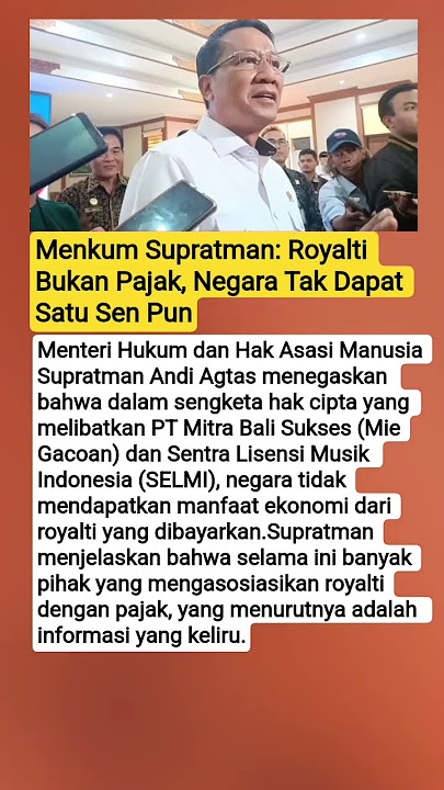 Menkum Supratman: Royalti Bukan Pajak, Negara Tak Dapat Satu Sen Pun #matalokal