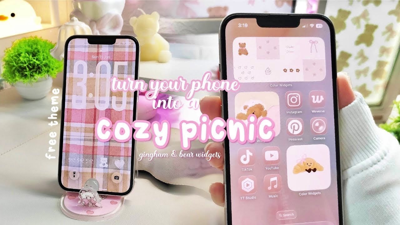 TURN YOUR PHONE INTO A COZY PICNIC 🥐🧺 gingham & bear widgets 🐻 a cute IOS CUSTOMIZATION ☁️