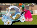 Emma and Ellie Go to the Princess Party with a Princess Carriage Ride On Car Toy