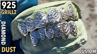 Real Solid 925 Sterling Silver Custom Grillz Diamond Dust & Diamond Cut Teeth Grills Set