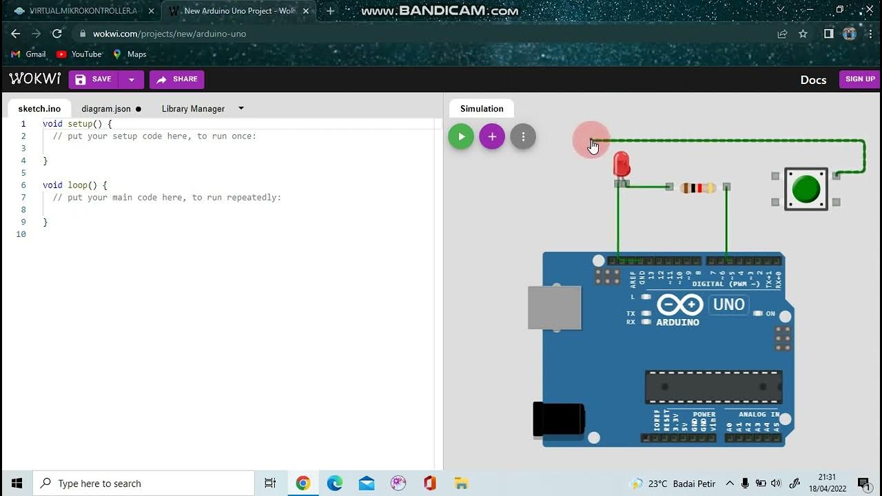 SIMULASI PROJECT ARDUINO WOKWI: LED DENGAN PUSHBUTTON - YouTube