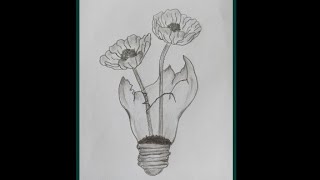 Karakalem Ampulun İçinde Çiçek Çizimi-Pencil Drawing Of A Flower Inside A Light Bulb