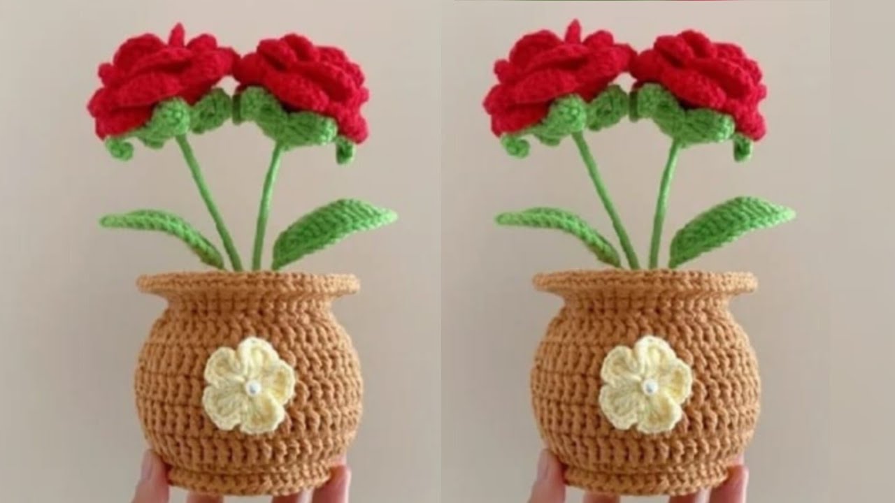 Crochet Rose Flower With Pot Step By Step/ Crochet Flower Pot Basket/ Crochet Rose Tutorial/