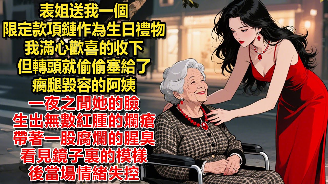 表姐送我一個限定款項鏈作為生日禮物，我滿心歡喜的收下，但轉頭就偷偷塞給了瘸腿毀容的阿姨。一夜之間她的臉生出無數紅腫的爛瘡，帶著一股腐爛的腥臭，看見鏡子裏的模樣後當場情緒失控