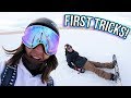 LEARNING HIS FIRST SNOWBOARD TRICKS!