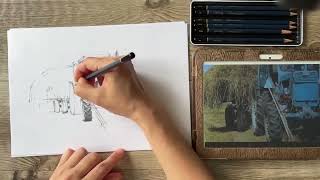 Зарисовка трактора простым карандашом