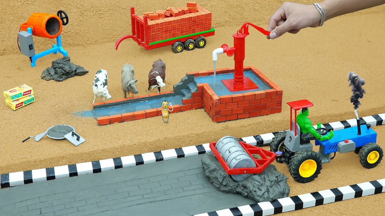 DIY Mini Water Pumping Station & Concrete Road Construction | Science Project with Roller