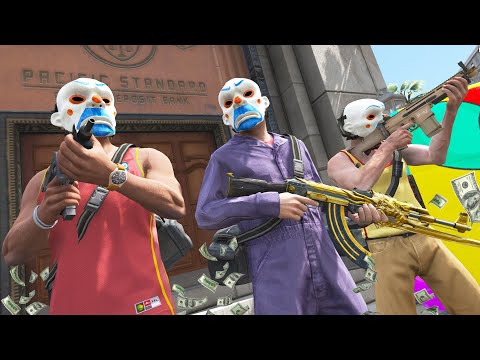 GTA 5 - Epic💲JOKER Michael, Trevor and Franklin💲Robbing Biggest Bank Heist💲(FIVE Star COP Battle)